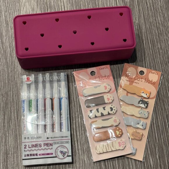 New Silicone Pen Bag, 6pcs Dual-Tip Colorful Marker Pens and Cat Sticky Notes - Picture 1 of 9